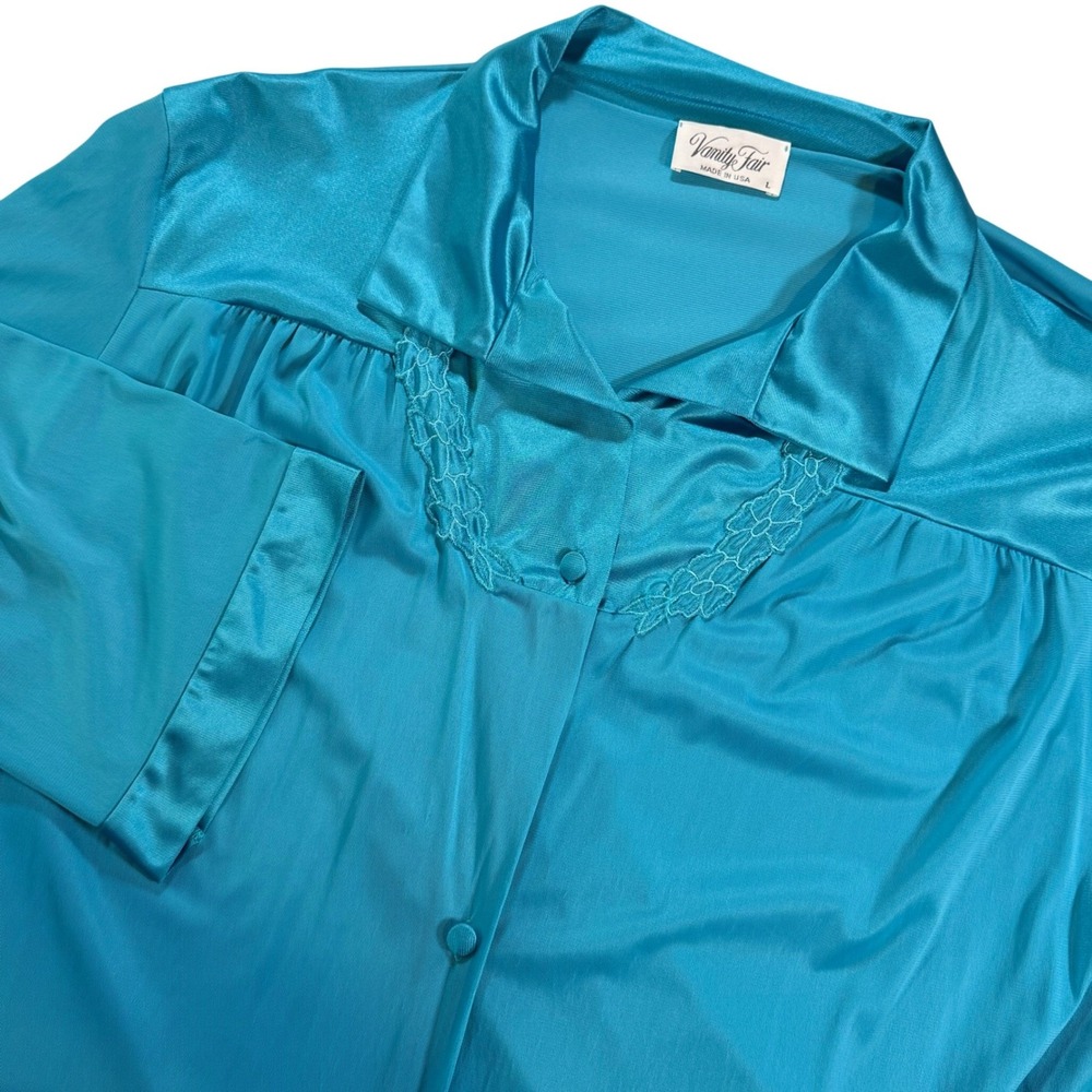Vintage Vanity Fair Nightgown Robe Womens L Teal Blue Lace Trim USA Silky